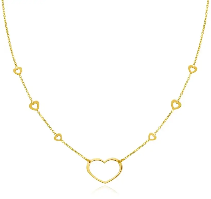 Real 14K Gold Open Heart Pendant Station Necklace 16"-18" Adjustable